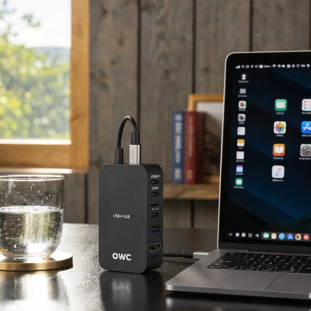 A sleek OWC USB4 Hub connected to a MacBook via USB-C, featuring HDMI 2.1 port and 81W charging, highlighting modern Apple products in a clean workspace.
