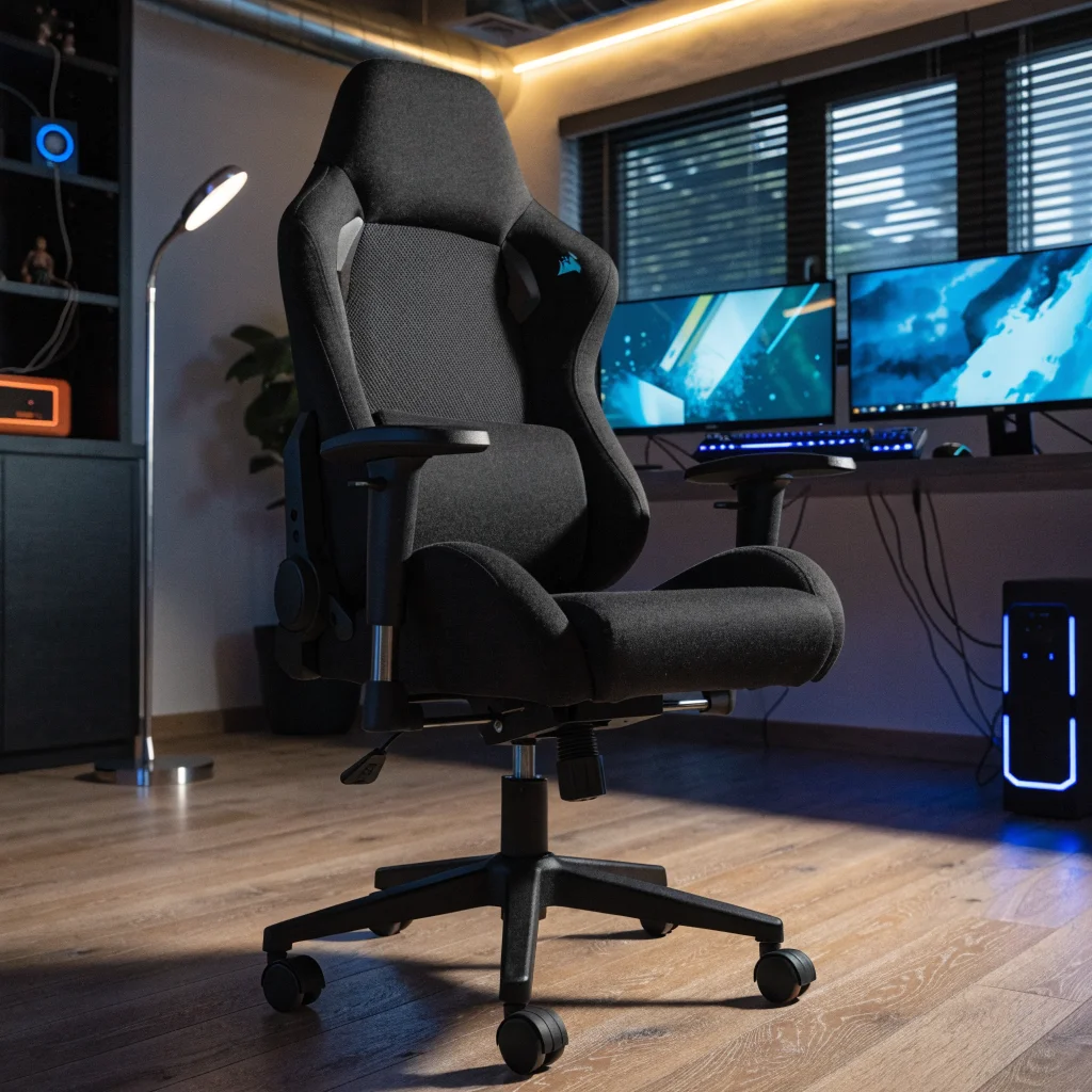 A clear photo of a Corsair TC80 budget gaming chair highlighting its sturdy design and comfortable seating under $200 in a modern gaming setup.