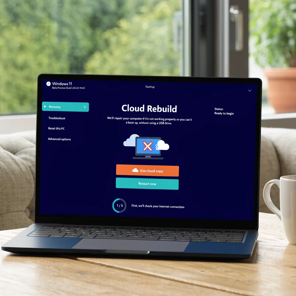 A Windows 11 laptop showing the cloud rebuild system recovery process without USB during startup, highlighting Beta Preview Build 26220.9343 features.