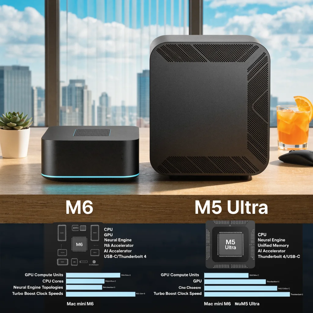 A realistic photo showing a Mac mini M6 and Mac Studio M5 Ultra side by side with detailed Apple M-series chip diagrams and performance charts.