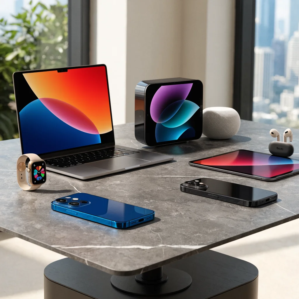 A realistic photo of the iPhone 18 Pro, Apple Watch Series 11, MacBook Neo, HomePod mini, Apple TV 4K, iPad Pro, AirPods Beats, and iPhone 17 displayed on a sleek modern table.