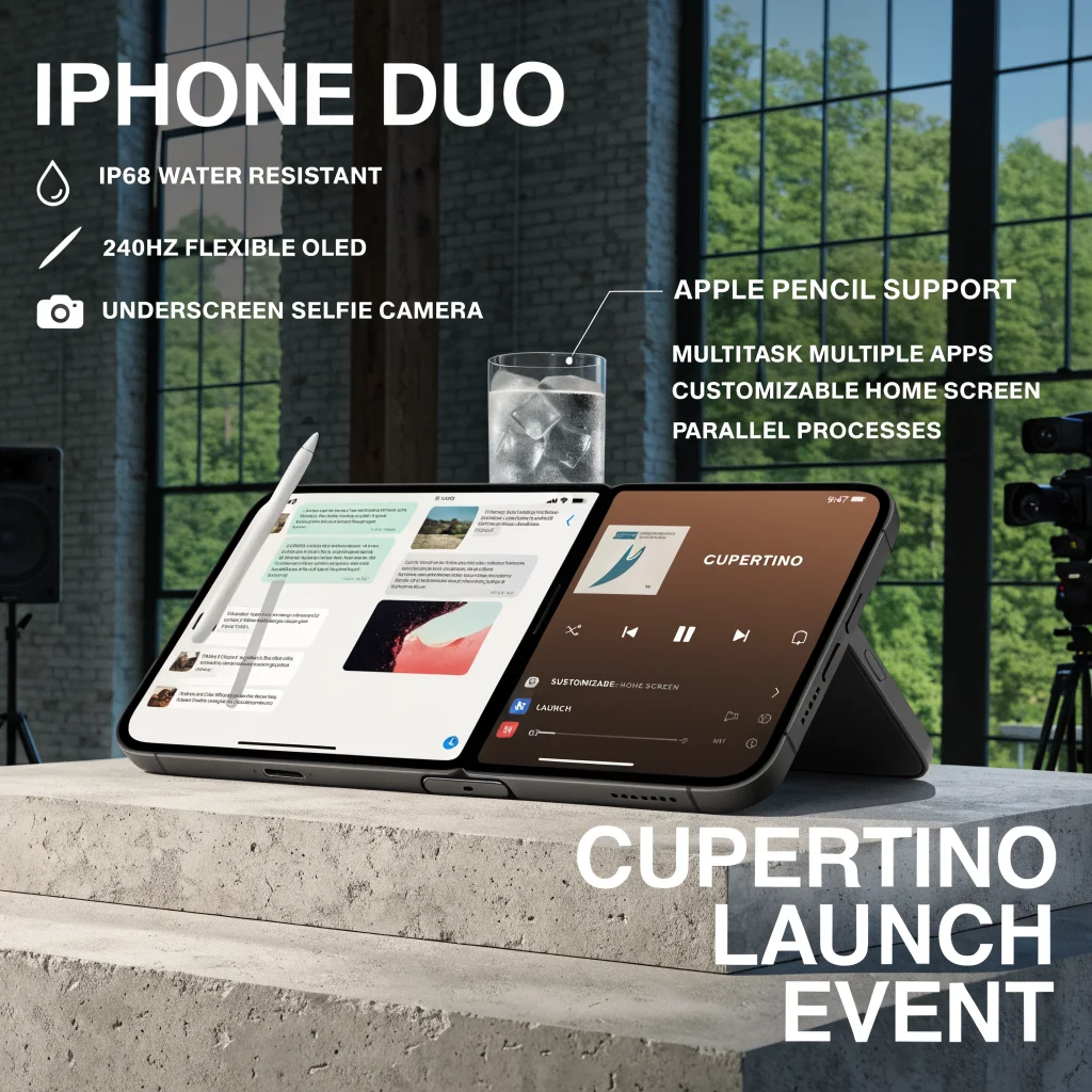 A sleek Apple iPhone Duo with a foldable tablet-sized display, IP68 water resistance, under-screen selfie camera, Apple Pencil support, shown multitasking in a Cupertino launch event.
