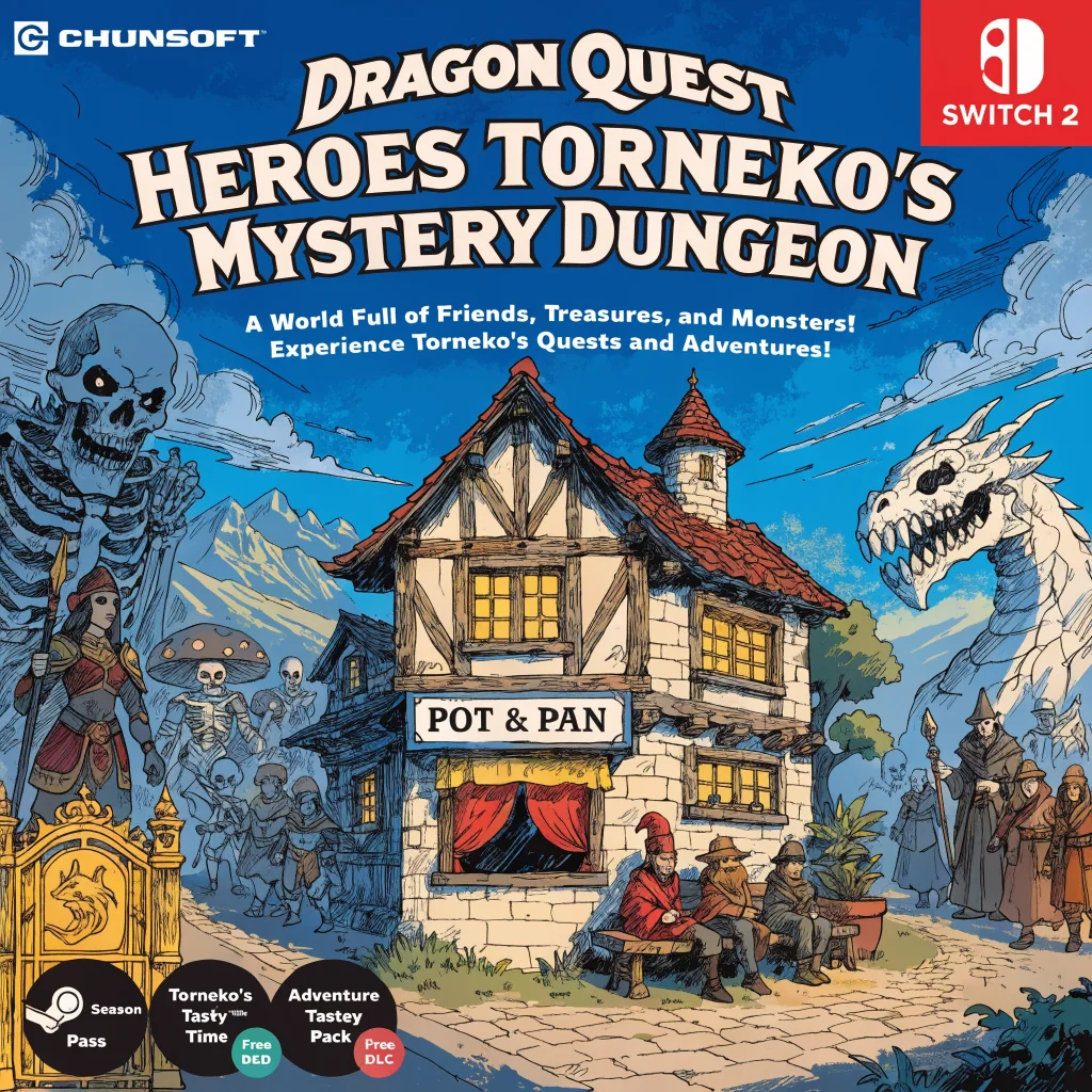 A detailed display of Dragon Quest Heroes Torneko's Mystery Dungeon game box art highlighting Chunsoft development and Switch 2 release with Steam DLC icons.