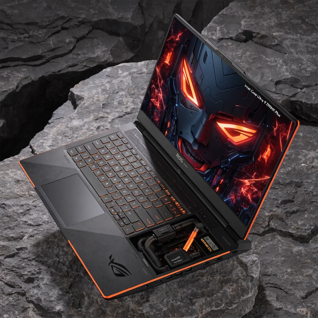 Close-up photo of the ASUS ROG Strix SCAR 18 gaming laptop featuring a 4K 240Hz Mini LED display, GeForce RTX 5090 GPU, Intel Core Ultra 9 290HX Plus, and advanced liquid cooling system.