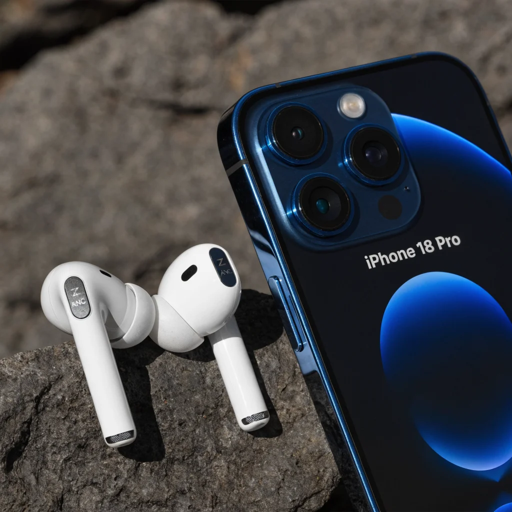 A close-up photo of Apple AirPods 5 with active noise cancellation next to an iPhone 18 Pro, showcasing wireless earbuds and ANC technology.