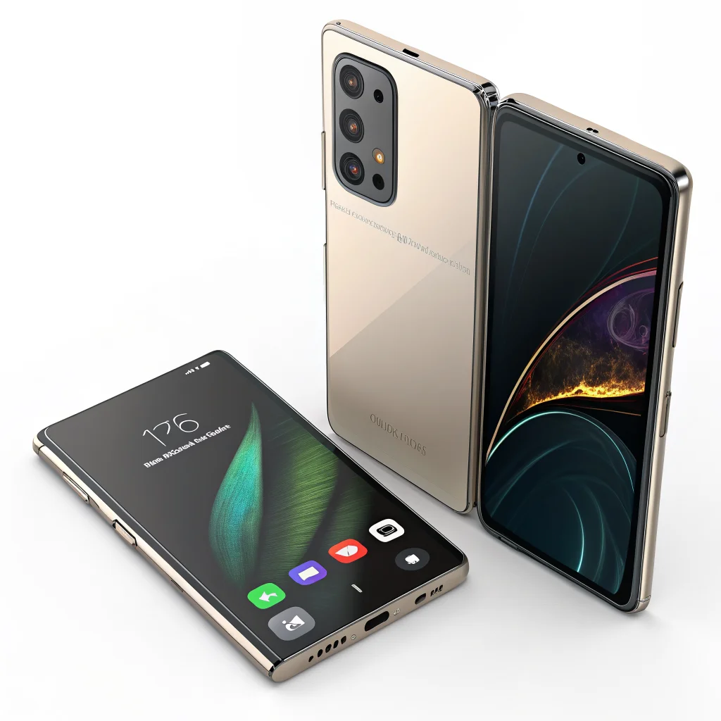 A realistic photo showing the iPhone Duo and Samsung Galaxy Z Fold 8 side by side, highlighting their foldable 7.6-inch dual screens, Touch ID, and multitasking features.