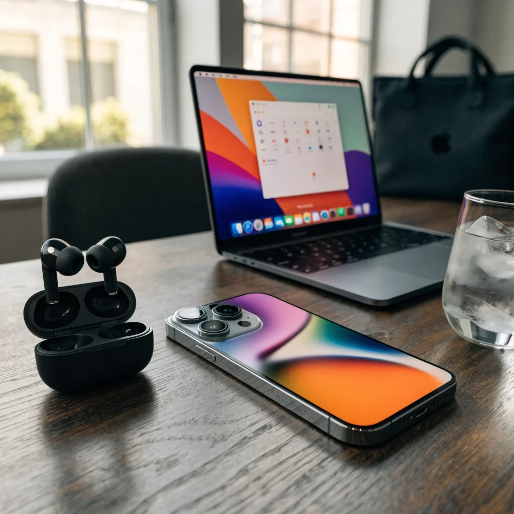 A realistic photo of the new AirPods 5 with active noise cancellation, wireless charging case, force sensor, displayed alongside an iPhone 18 Pro and MacBook running macOS Golden Gate.