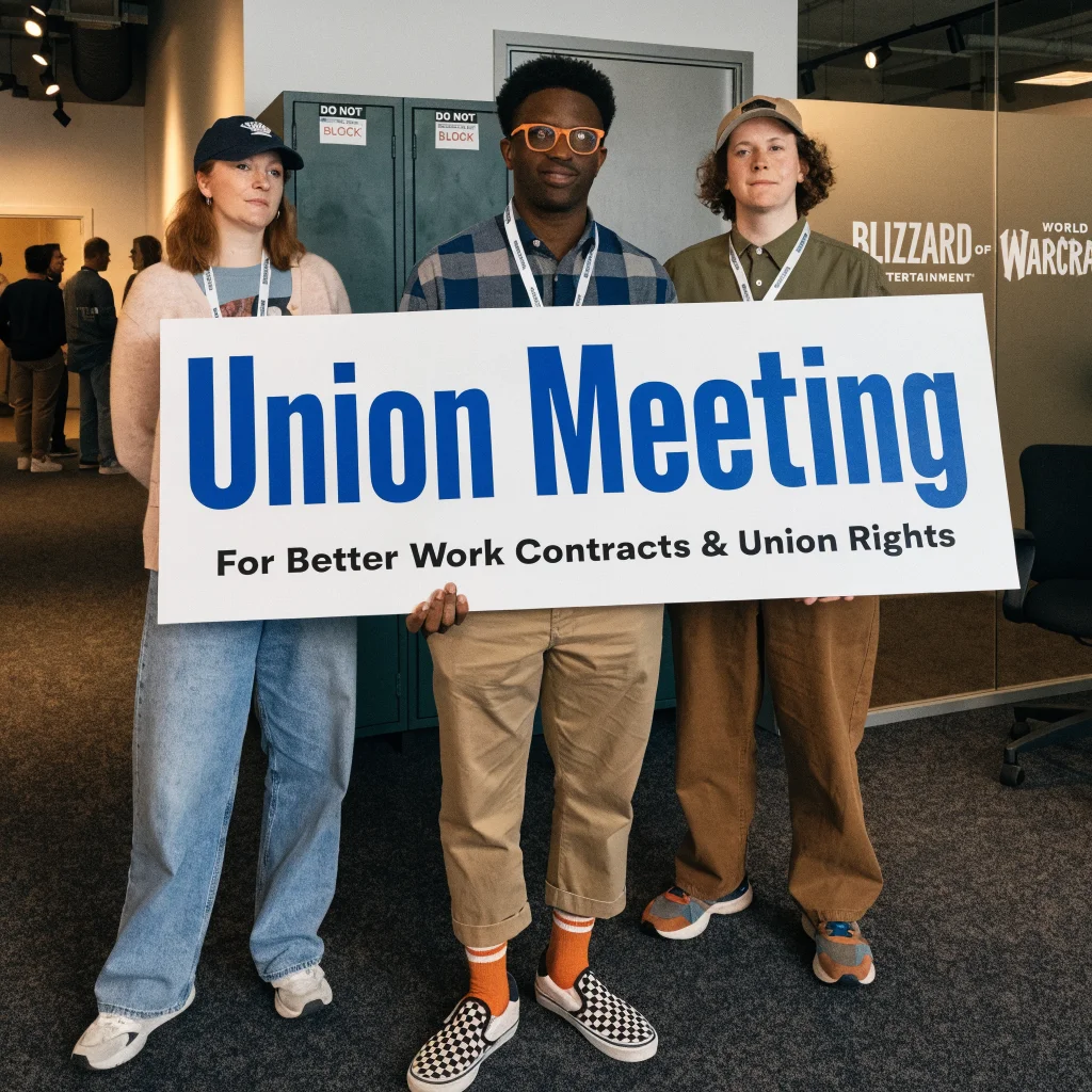 A group of Blizzard employees holding a meeting sign advocating for better work contracts and union rights in a modern office setting.