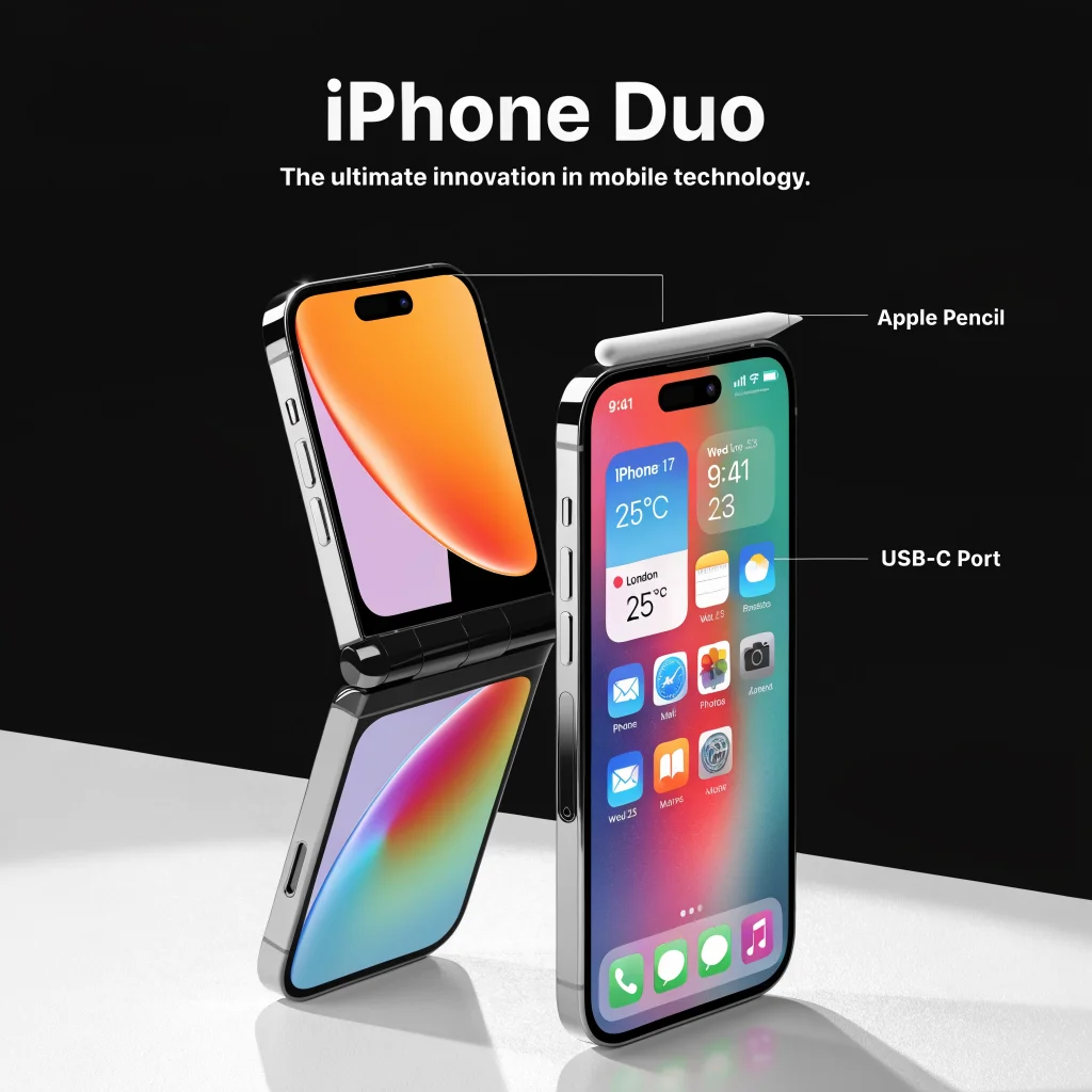 A sleek iPhone Duo concept with dual displays, Apple Pencil, USB-C port, showcasing iPhone 17 design and iOS compatibility in a modern studio setting.