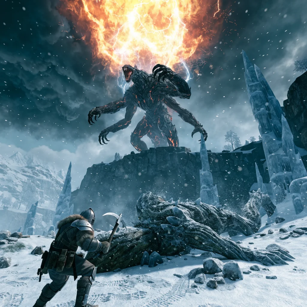 A player character in Valheim 1.0 mines petrified Gammeltroll in the Deep North biome near an Ashlands Fader boss under a glowing Eternal Pyre.