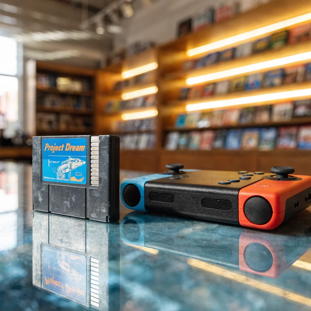 A realistic photo of a vintage SNES cartridge labeled Project Dream next to a modern Nintendo Switch 2, symbolizing gaming history preservation and canceled game leaks.