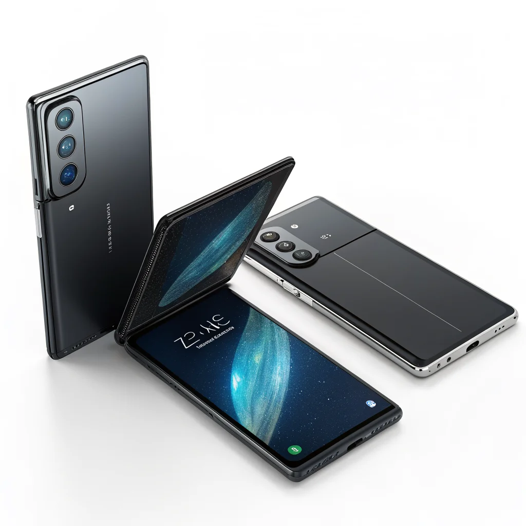 A realistic photo of the latest Motorola foldable smartphone prototype compared side-by-side with Samsung Galaxy Z Fold 8 and iPhone foldable models for 2026.