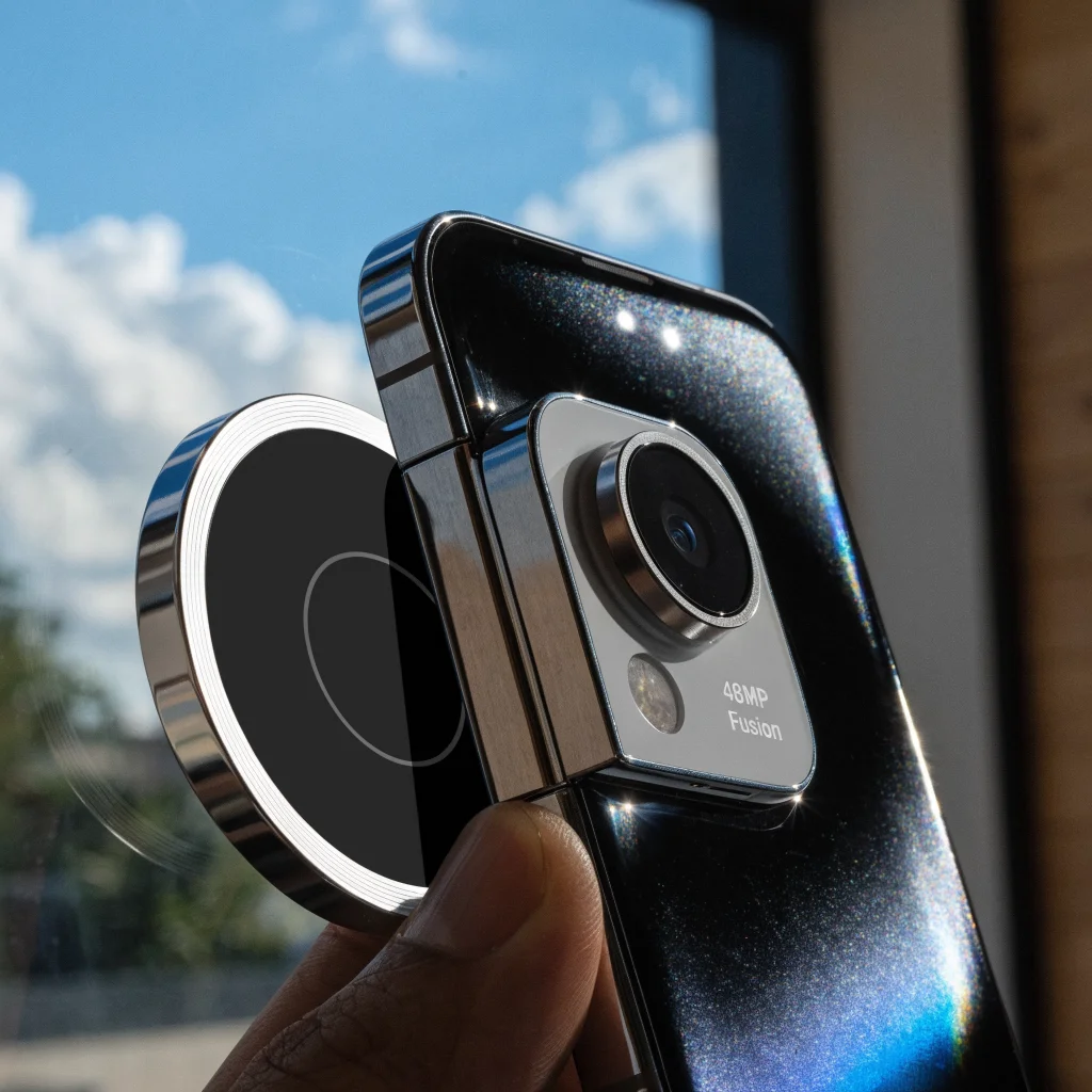 Realistic close-up photo of the folding iPhone Duo 2026 showcasing its nano-texture screen, 48MP Fusion camera, and MagSafe charging in use.