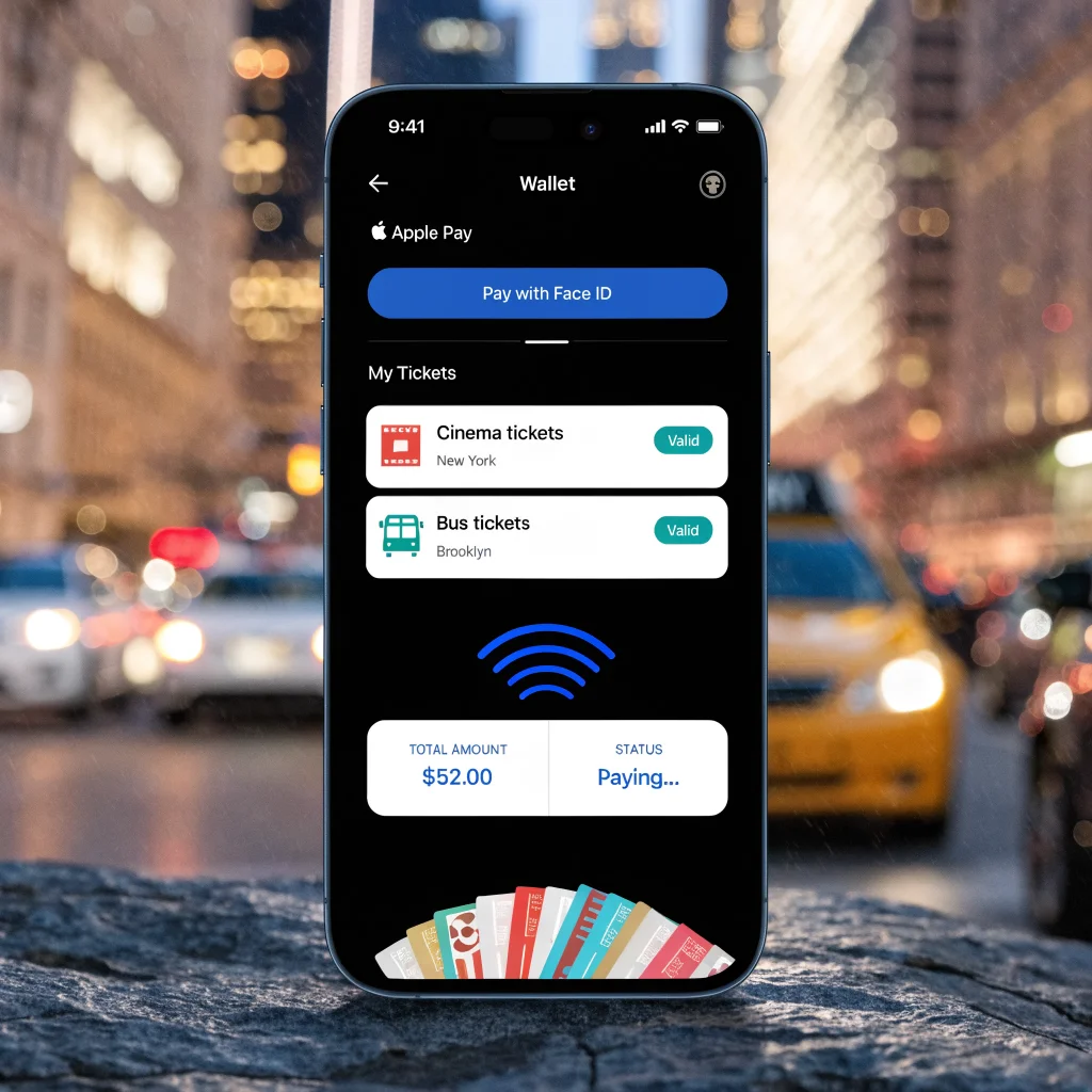 A close-up of a smartphone displaying Apple Wallet with Apple Pay, digital tickets, and face recognition features during a NFC payment transaction.
