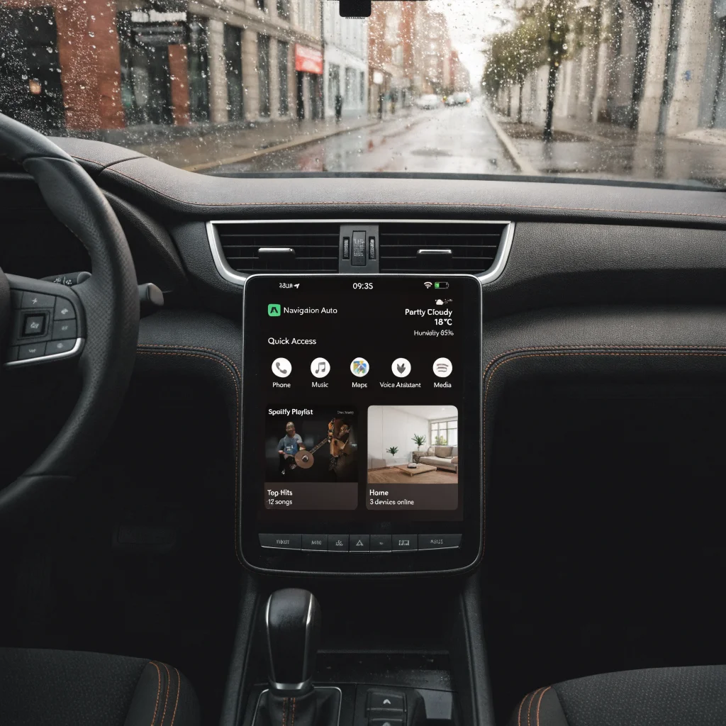 A realistic photo of a car dashboard displaying the updated Android Auto interface with a green icon and new widget support on the screen.