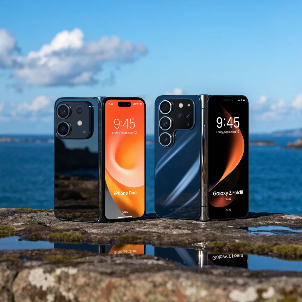 A realistic photo showing an iPhone Duo and Samsung Galaxy Z Fold8 side by side, highlighting their foldable screens and design features for 2026.