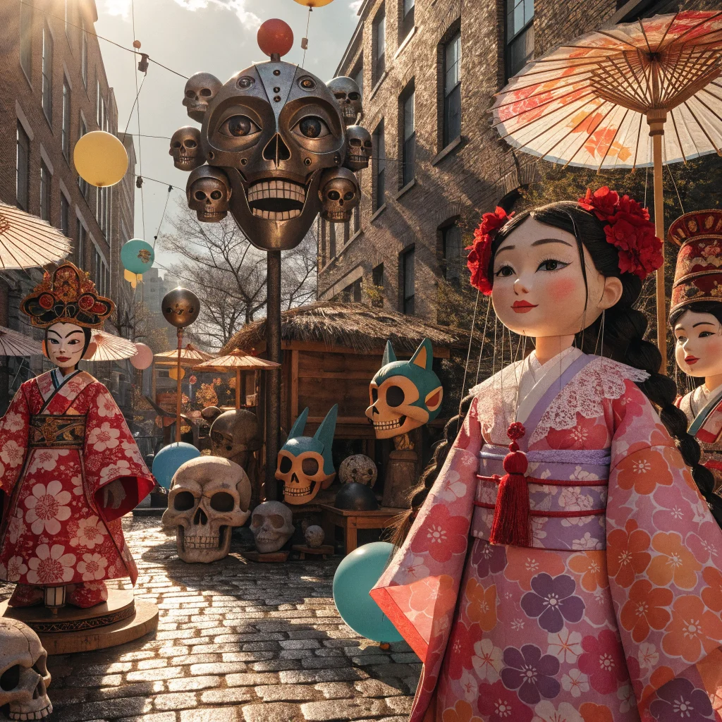 A detailed photo of traditional Japanese Ningyogeki marionettes alongside artwork inspired by Majora's Mask and Star Fox characters celebrating Nintendo's 32-year legacy.