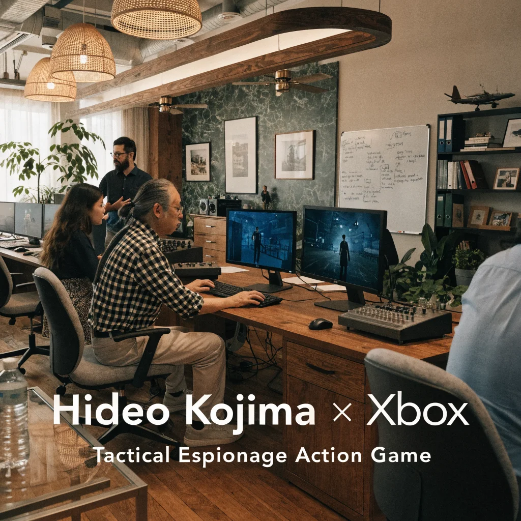 Hideo Kojima and Xbox collaborate on a realistic photo showing a game development studio working on a tactical espionage action game using the Decima engine.