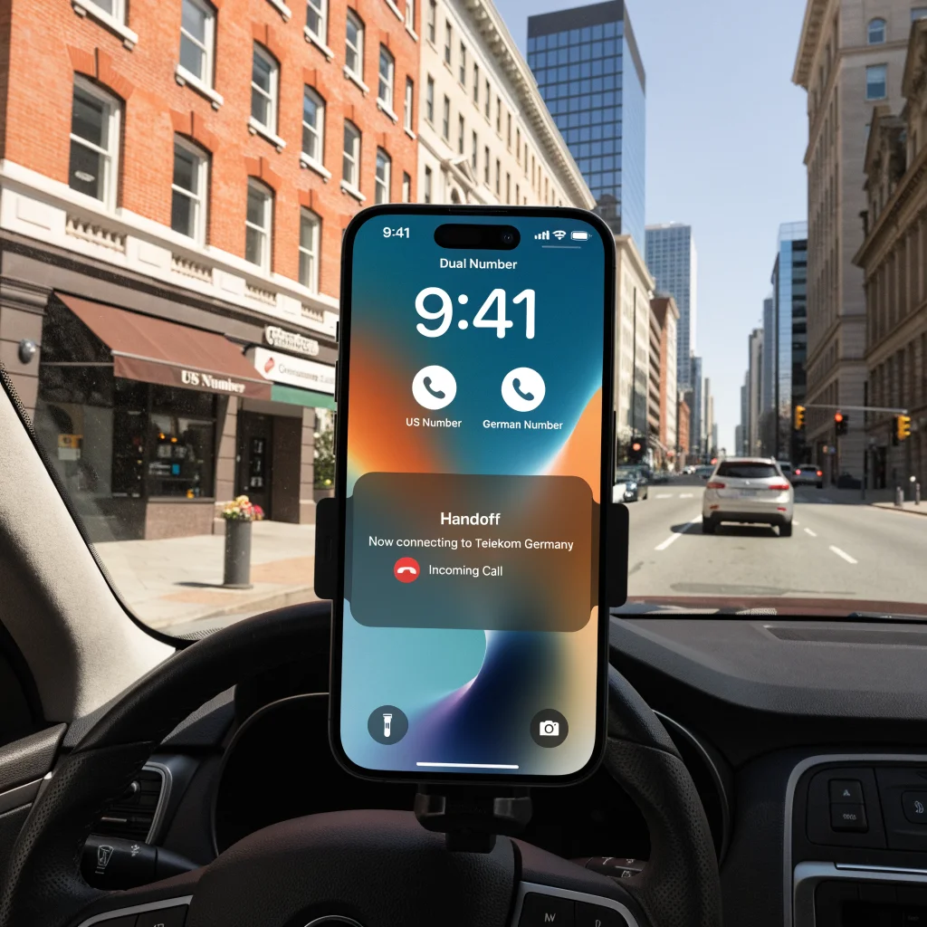 A realistic photo of an iPhone 18 Pro displaying the iOS 27 Handoff feature with dual phone number support, connected to T-Mobile US and Telekom Germany networks.
