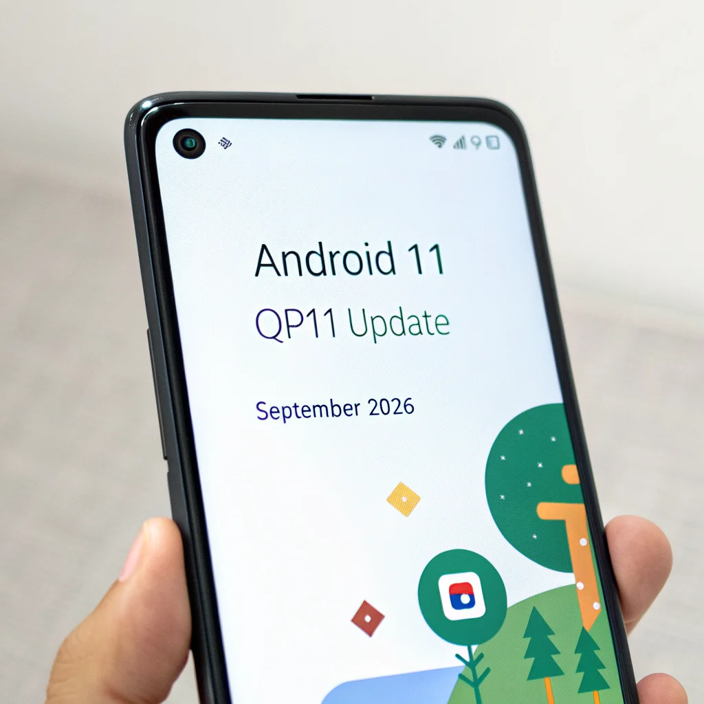 A close-up photo of a Google Pixel 11 smartphone displaying the Android 17 QPR1 update screen highlighting bug fixes and September 2026 security patch details.