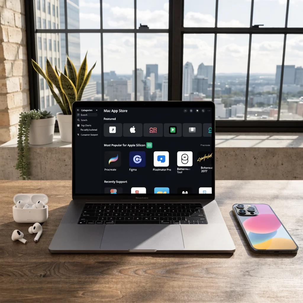 A realistic photo showing a MacBook displaying the Mac App Store with highlighted Apple Silicon apps alongside an iPhone 18 Pro and AirPods Pro 3 on a desk.