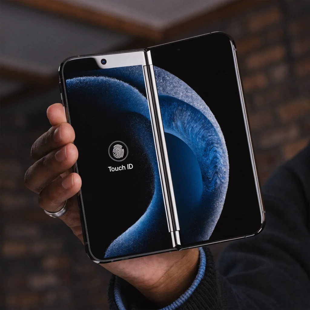 A close-up photo of the new Apple iPhone Duo with a foldable screen, displaying Touch ID biometric authentication on the lock screen.