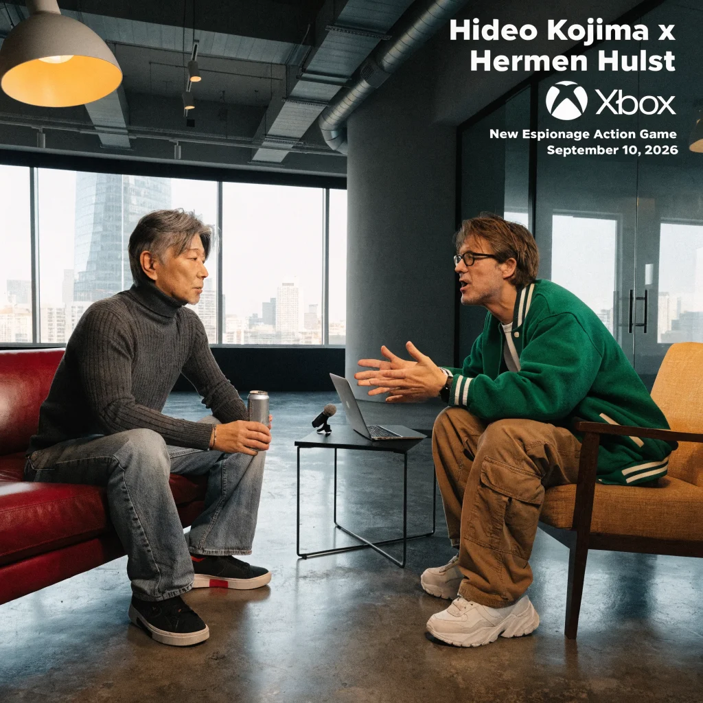 A dynamic photo of Hideo Kojima discussing Xbox collaboration with Hermen Hulst in a modern studio, promoting a new espionage action game releasing September 10, 2026.