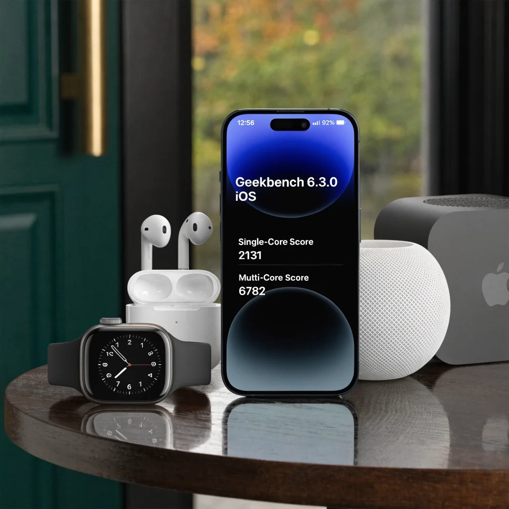 A sleek iPhone 18 Pro displaying Geekbench benchmark scores beside the latest Apple Watch Series 11, AirPods Pro, HomePod mini, and Apple TV 4K on a modern table.