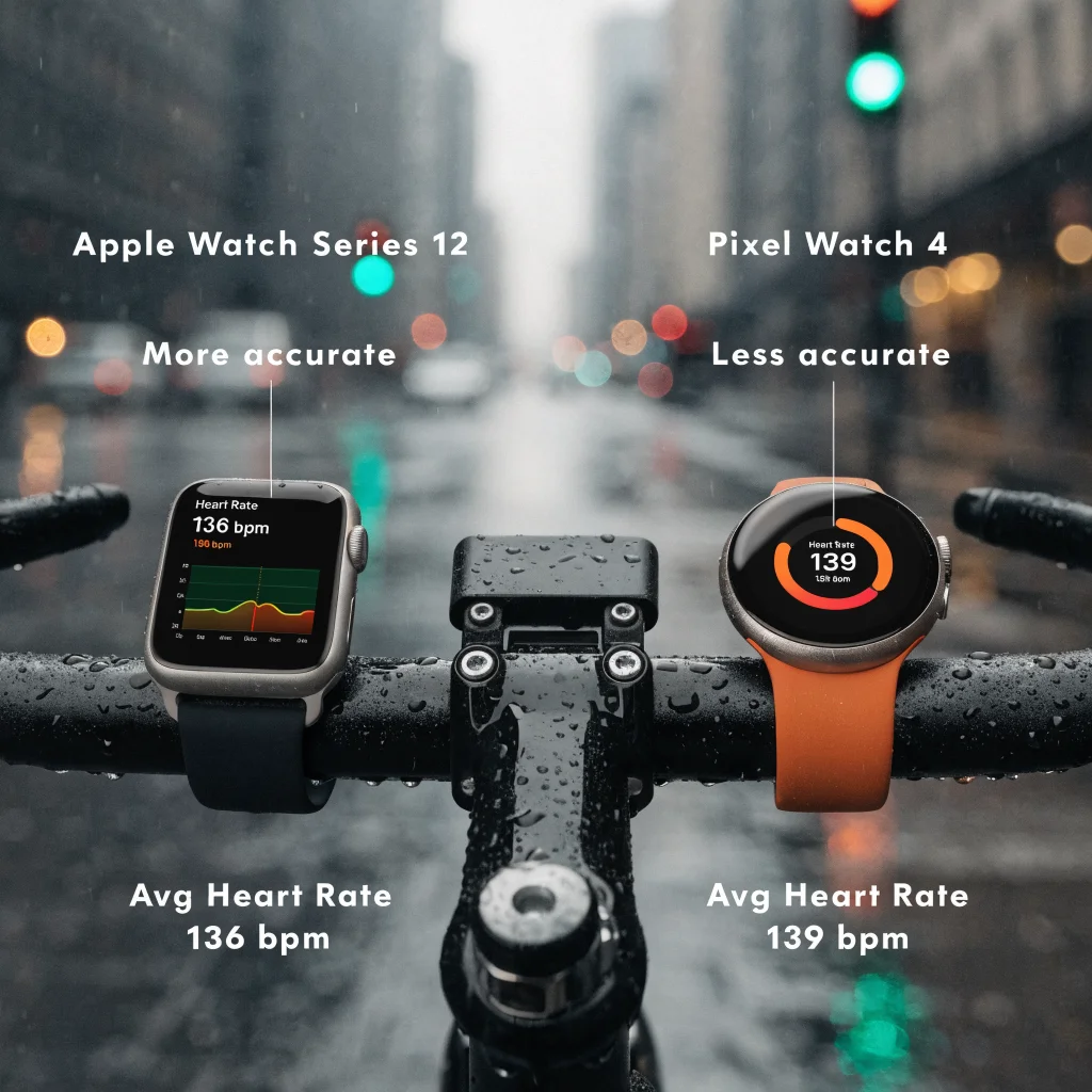 A realistic photo of Apple Watch Series 12 and Pixel Watch 4 side by side displaying heart rate data during cycling, highlighting accuracy comparison metrics.