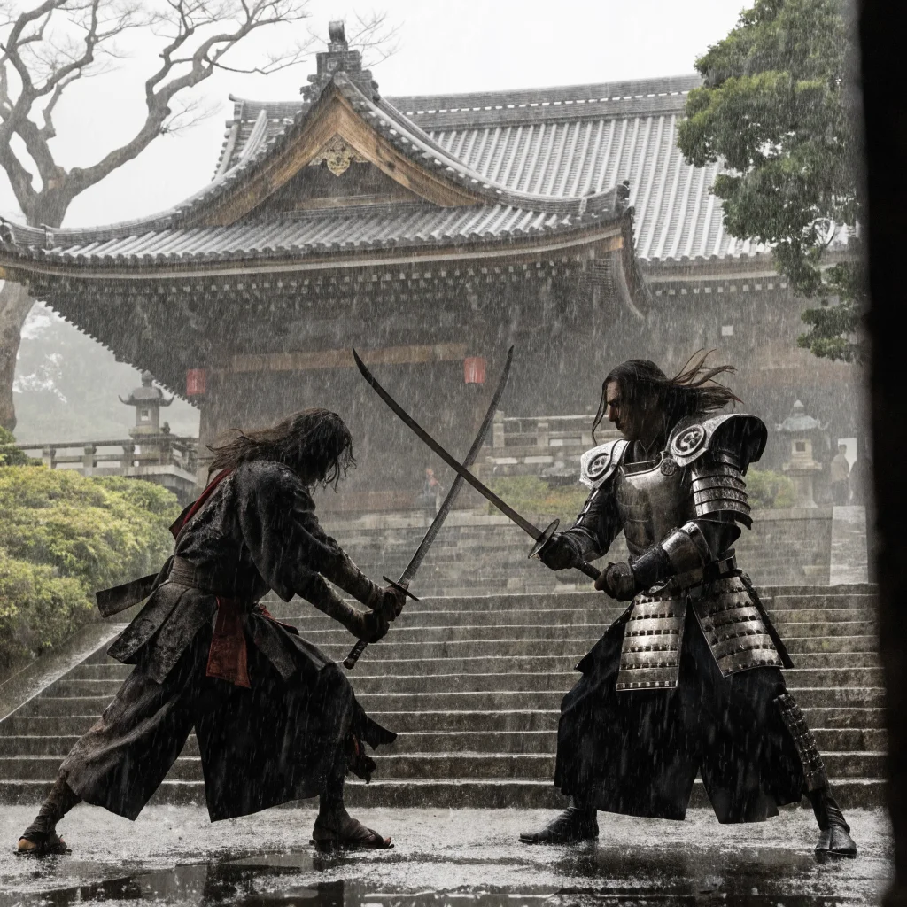A realistic photo of samurai Musashi Miyamoto and Sasaki Ganryu dueling at Kyoto's Kiyomizu Temple during the Arashiyama battle from the Onimusha game.