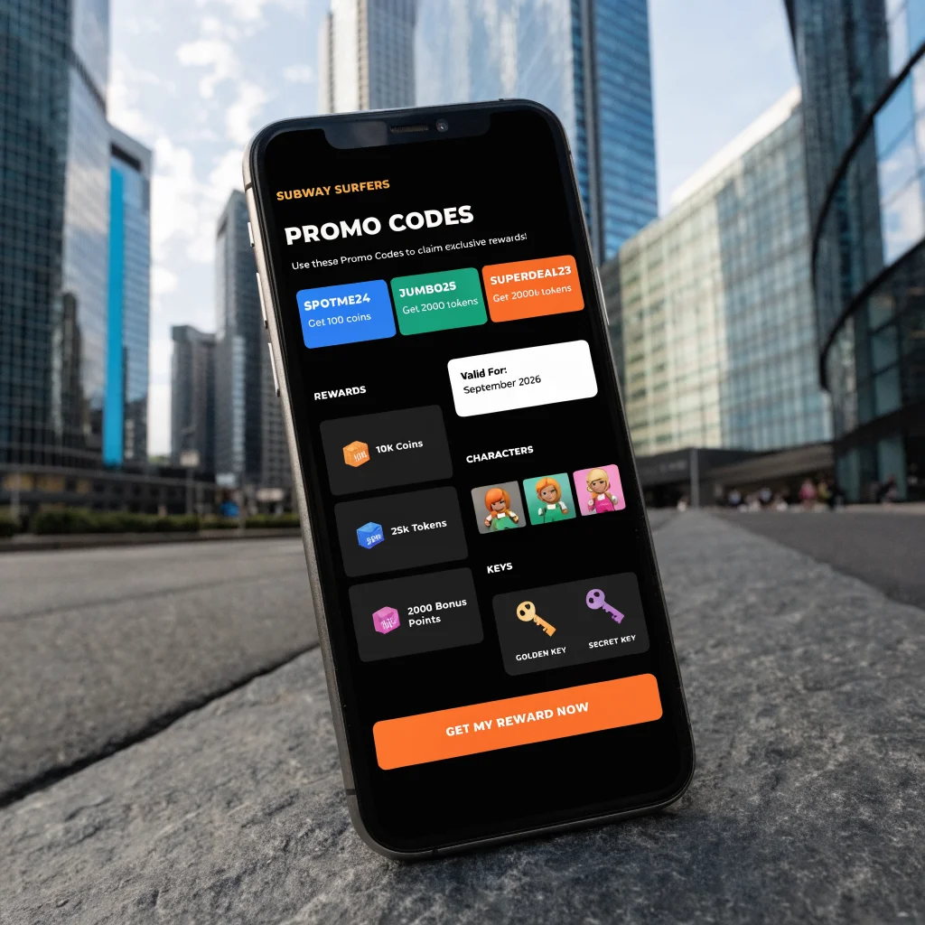 A realistic photo of a smartphone screen displaying the latest Subway Surfers promo codes, rewards, characters, and keys for September 2026.
