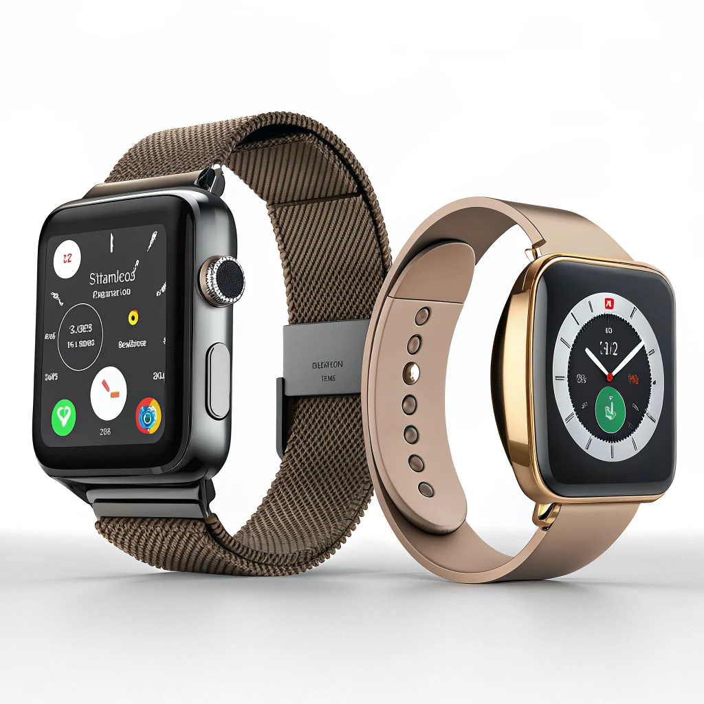 A realistic photo showcasing the Apple Watch Series 12 with dark bronze finish, featuring traditional watch influences and modern wearable technology alongside Google Pixel Watch 5 and Samsung Galaxy Watch Ultra 2.