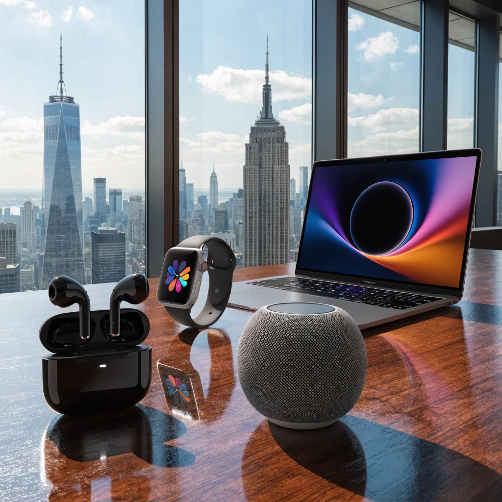 A sleek display of Apple’s 2026 technologies featuring AirPods 5, MacBook Neo, Apple Watch Series 12, and HomePod mini on a modern tech desk.
