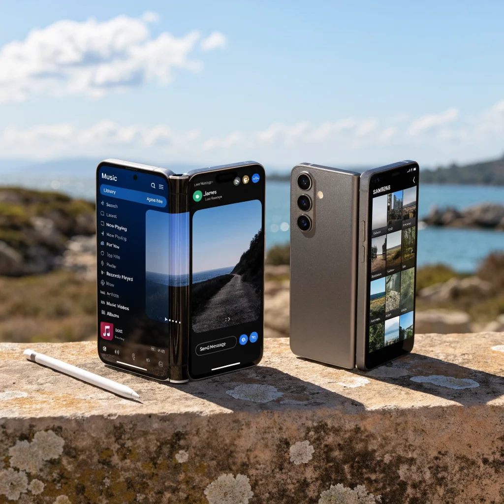 A realistic photo of the Apple iPhone Duo with a 7.6-inch foldable screen displayed alongside an Apple Pencil, showcasing multitasking features and a Galaxy Fold 8 comparison.