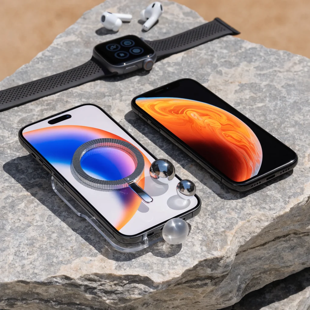 A realistic photo of the iPhone Duo showcasing MagSafe compatibility alongside a foldable smartphone, with Apple Watch Series 11 and AirPods Pro in the background.