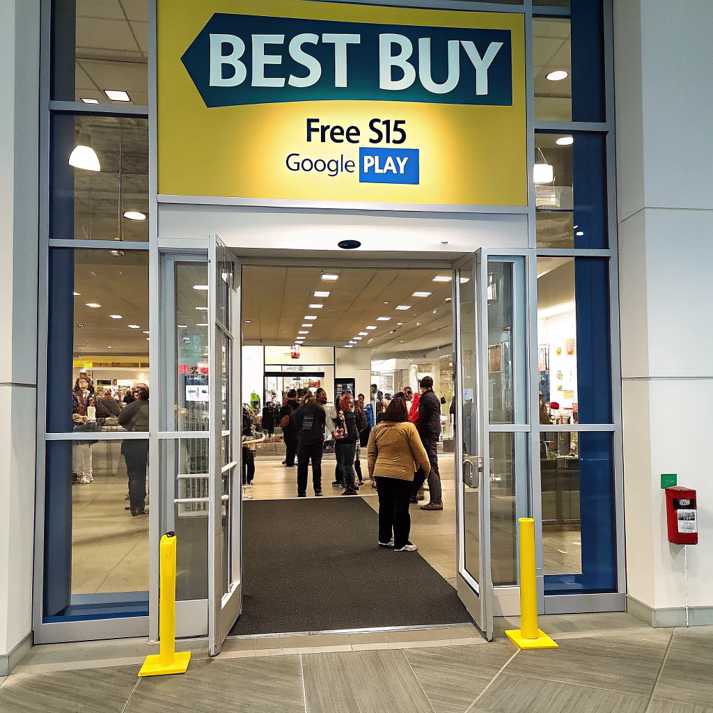 A realistic photo of a Best Buy store entrance displaying promotional signs for free $15 Google Play credit and Android app purchases.