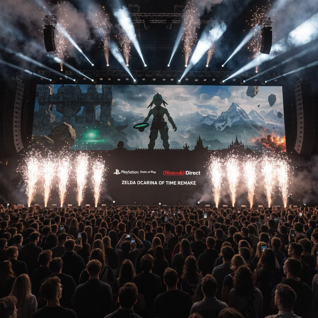 A realistic photo of a large gaming event stage displaying a Zelda Ocarina of Time remake trailer alongside PlayStation State of Play and Nintendo Direct logos.