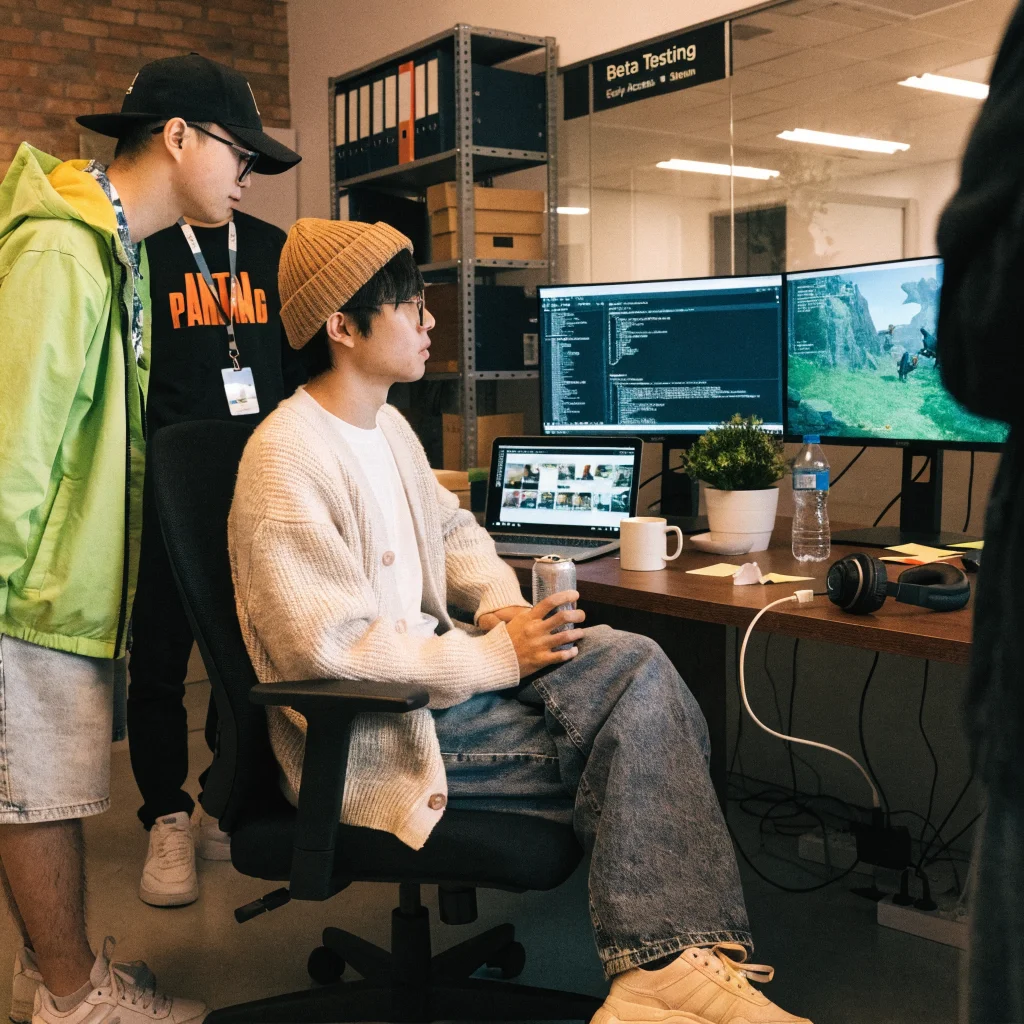 A realistic photo of a developer team working on the indie game Palworld during beta testing and early access on Steam.