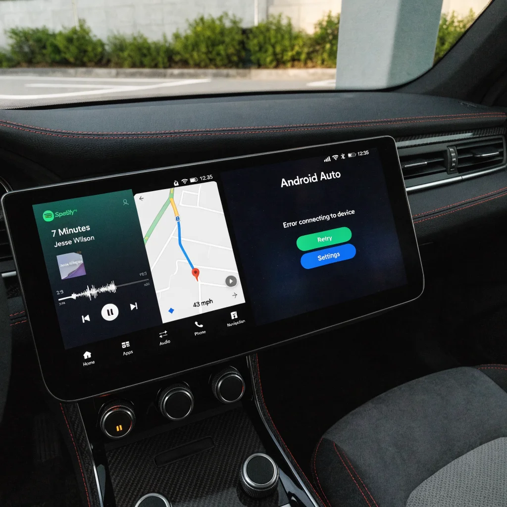 Close-up of a car dashboard showing Android Auto with Spotify media progress, wave-like progress bar, split-screen mode, live Google Maps speedometer, and error message on full screen.
