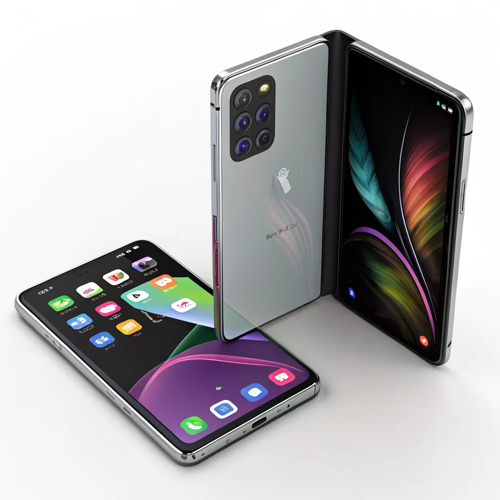 A realistic photo showing the Galaxy Z Fold 8 and iPhone Duo foldable smartphones side by side, focusing on their screens and user experience.