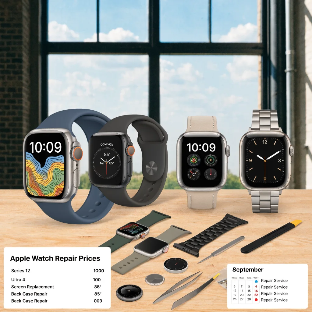 A realistic photo of various Apple Watch models alongside repair tools and a price list for Apple Watch Series 12 and Ultra 4 repair costs, with a September event calendar visible.