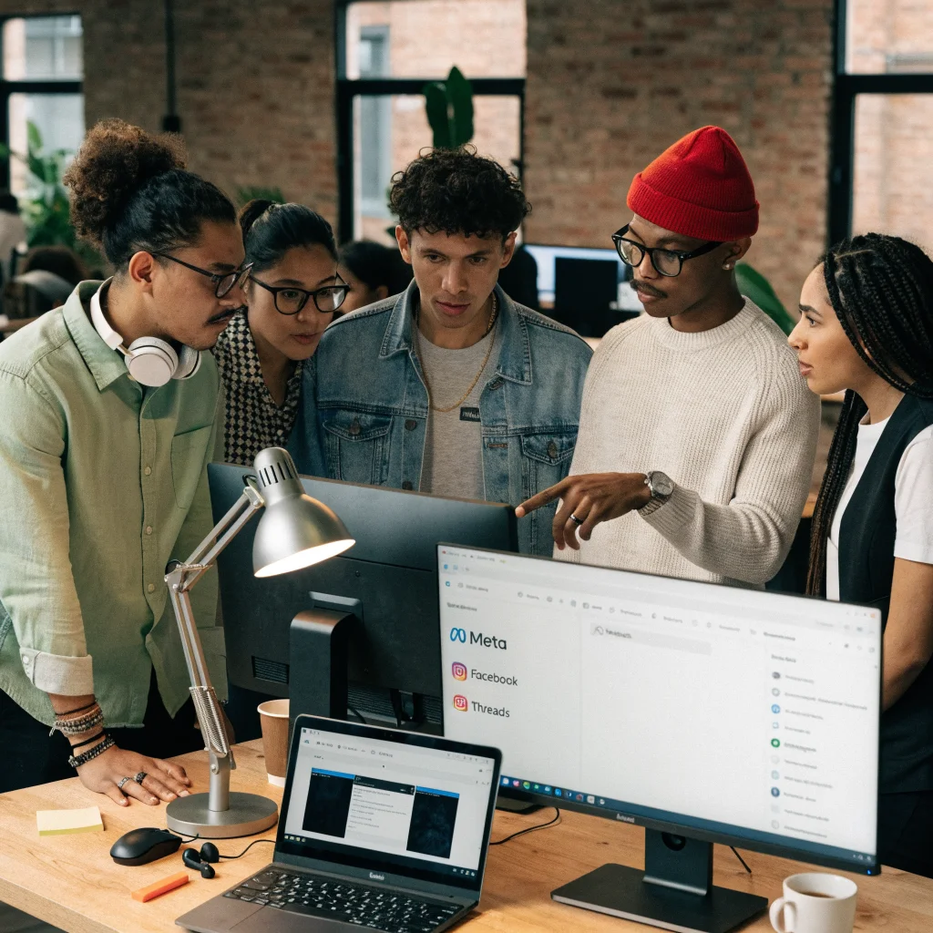 A realistic photo of a diverse Latin American team collaborating on fact-checking content for Meta's social media platforms like Facebook, Instagram, and Threads.