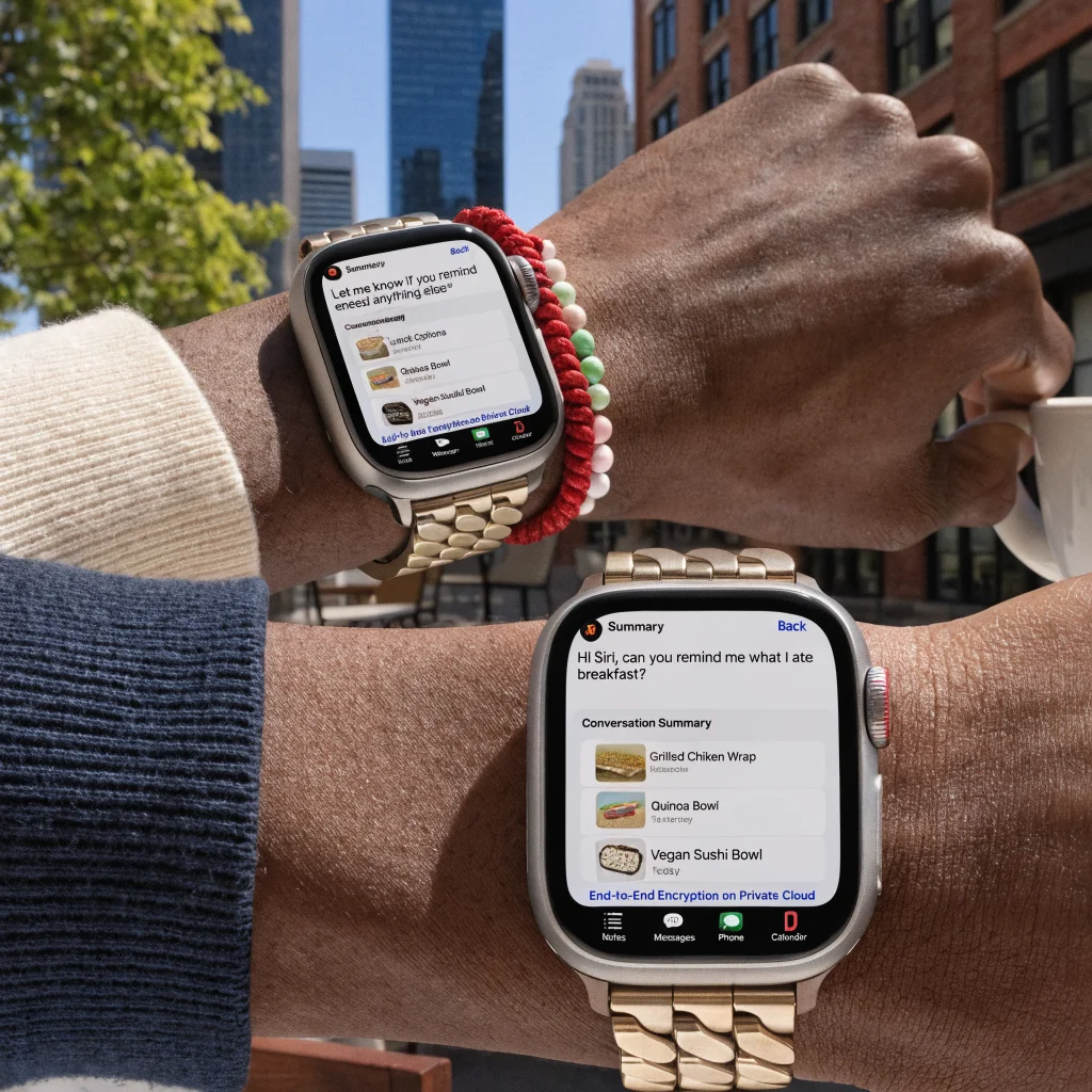 A realistic photo of the Apple Watch Series 12 and Ultra 4 displaying the Siri app with conversation summaries and end-to-end encryption features on a private cloud.