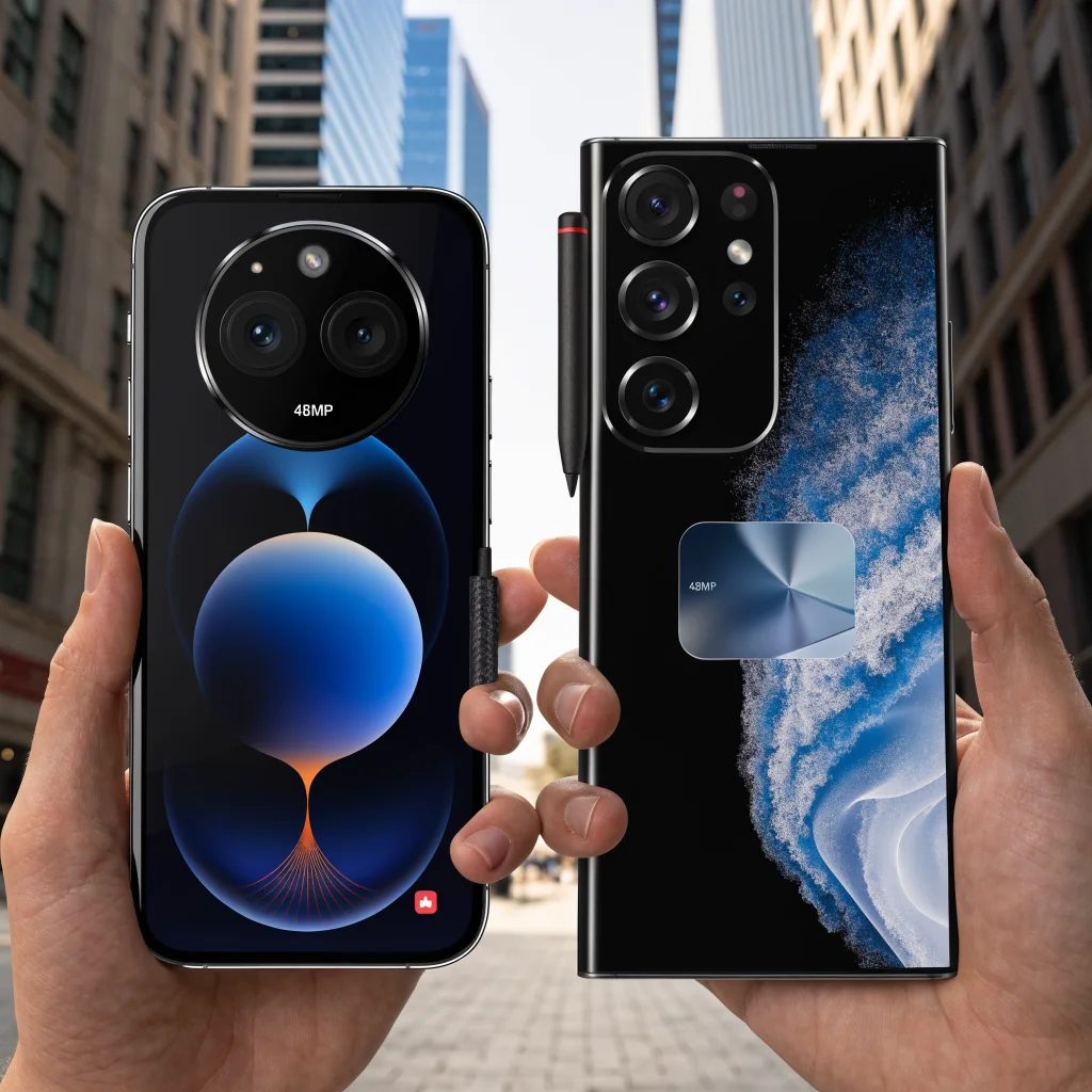A close-up photo showcasing the iPhone 18 Pro Max and Samsung Galaxy S26 Ultra side by side, highlighting their 48MP cameras, AMOLED 3120x1440 screens with 120Hz refresh rate, and stylus features.