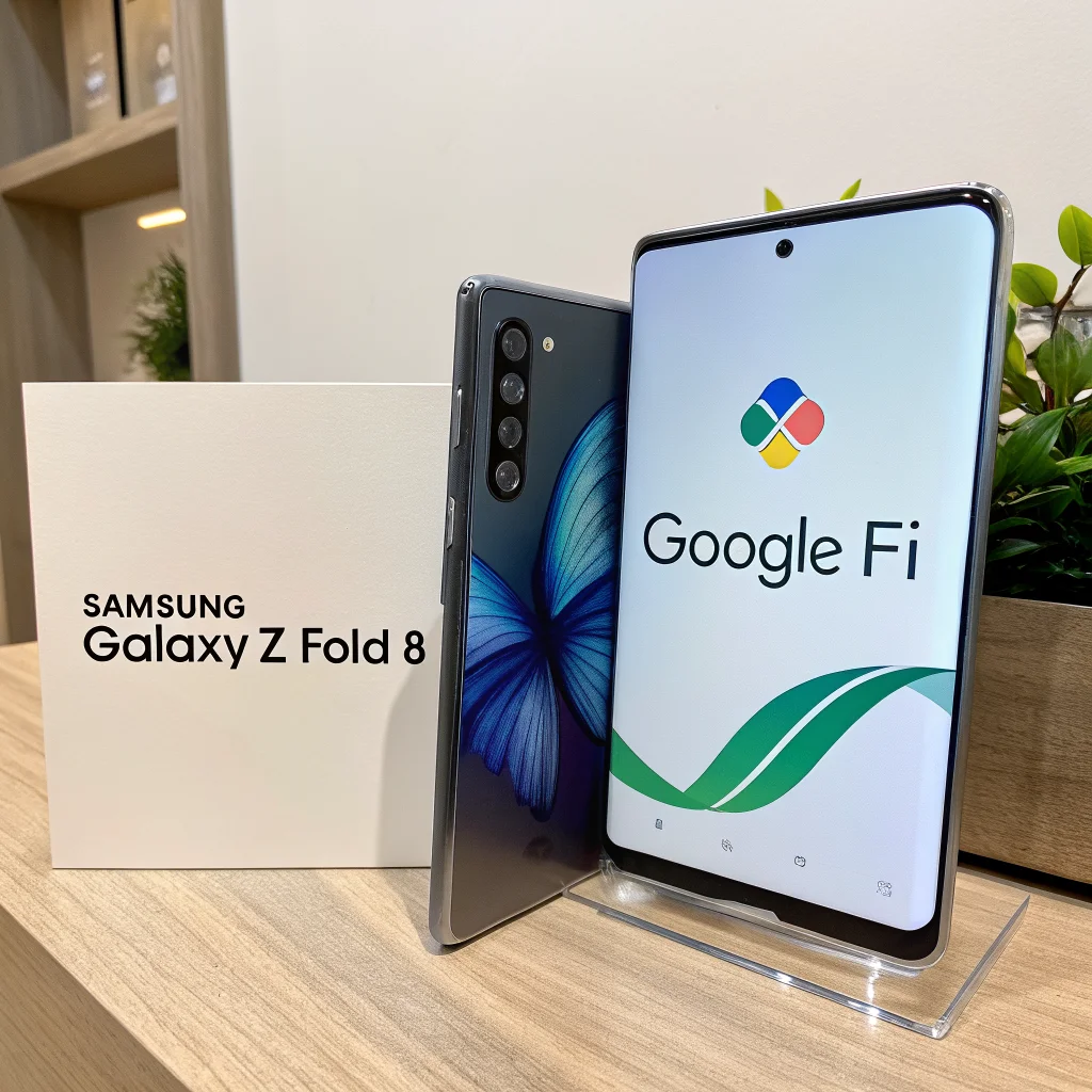 A realistic photo of a Samsung Galaxy Z Fold 8 unfolded next to a Google Fi promotional card highlighting a discount offer for existing customers.