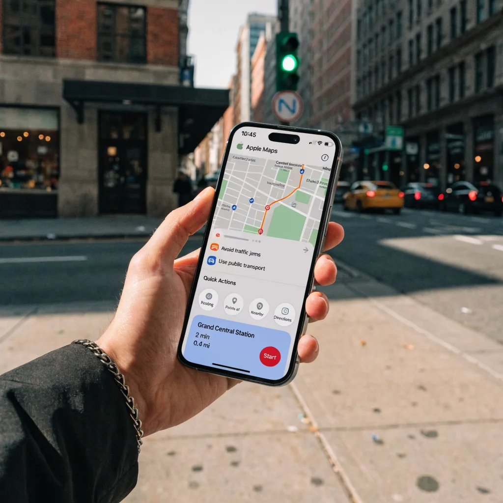 A close-up photo of an iPhone 17 screen displaying Apple Maps navigation with iOS 26 interface and navigation tips visible.