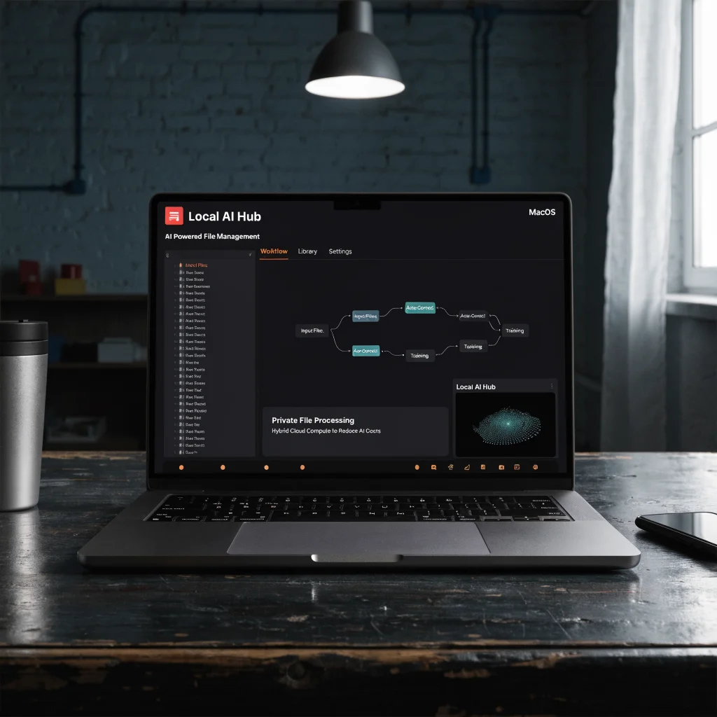 A realistic photo of an Apple Silicon Mac running local AI software for private file processing and hybrid cloud compute to reduce AI costs.