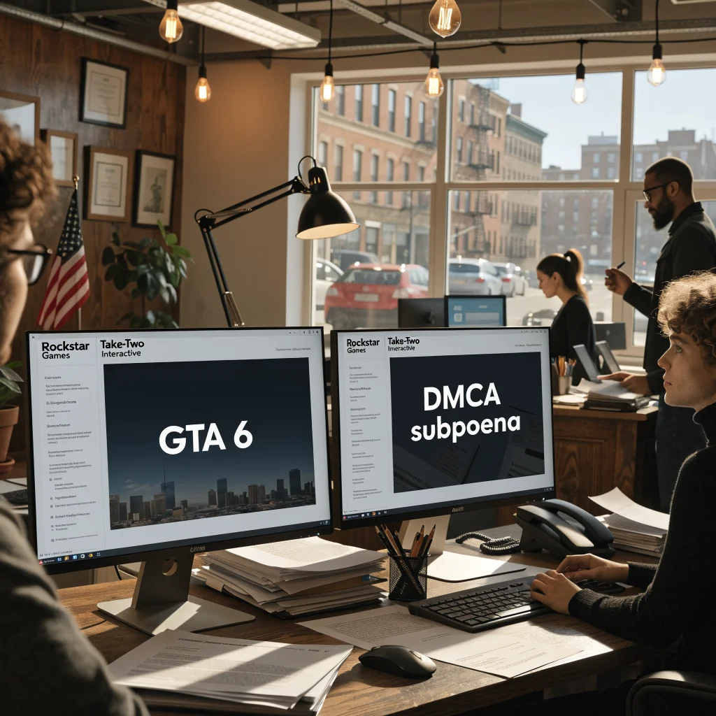A realistic photo of a corporate legal office with computers displaying Rockstar Games and Take-Two Interactive logos alongside documents labeled GTA 6 and DMCA subpoenas.