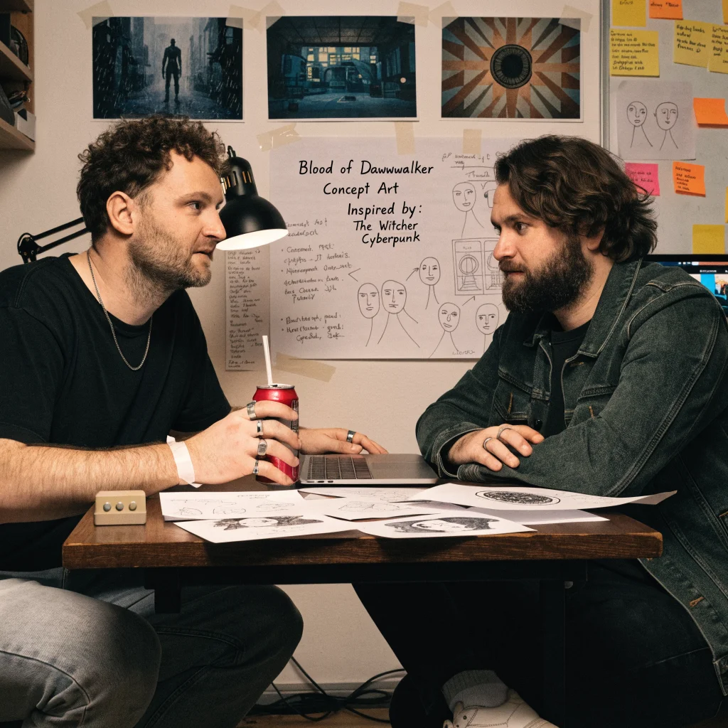 Realistic photo of Rebel Wolves game developers Mateusz Tomaszkiewicz and Paweł Sasko collaborating on Blood of Dawnwalker concept art inspired by The Witcher and Cyberpunk series.