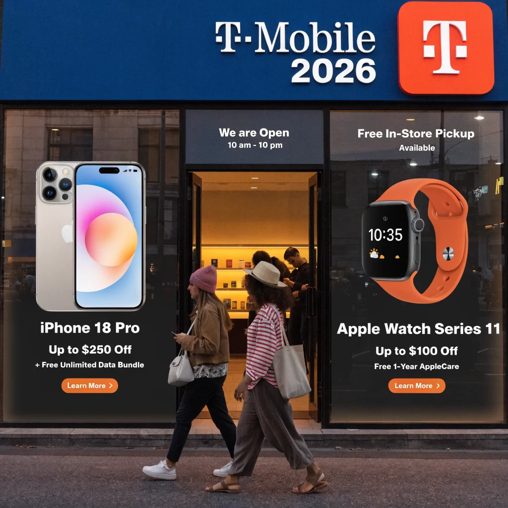 A realistic photo of an iPhone 18 Pro and Apple Watch Series 11 displayed together in a T-Mobile store showcasing promotional offers in 2026.
